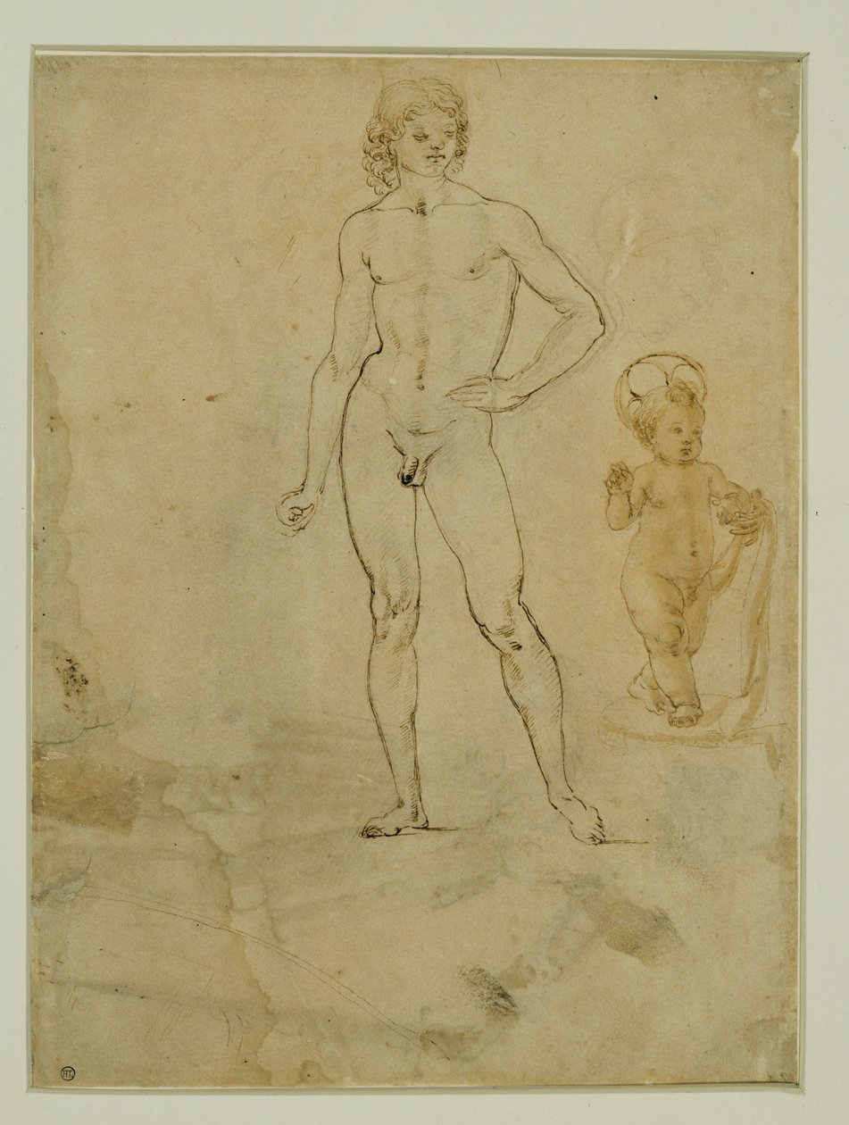 En naken yngling, stående;Jesusbarnet;kvinnoporträtt vänt mot höger ... av Francesco di Simone (attr. to)
