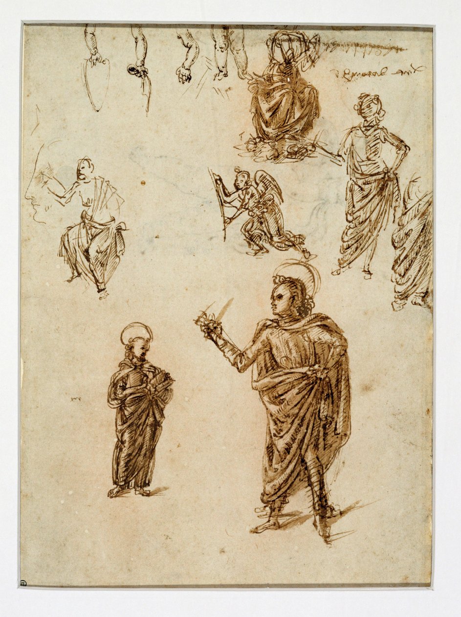 Skisser av figurer;helgon;en ängel;en arm;ben ... av Francesco di Simone (attr. to)