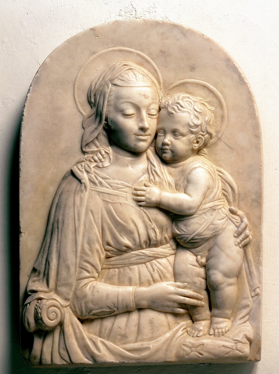 Jungfrun med barnet. Marmor lågrelief av Francesco di Simone da Fiesole Ferrucci