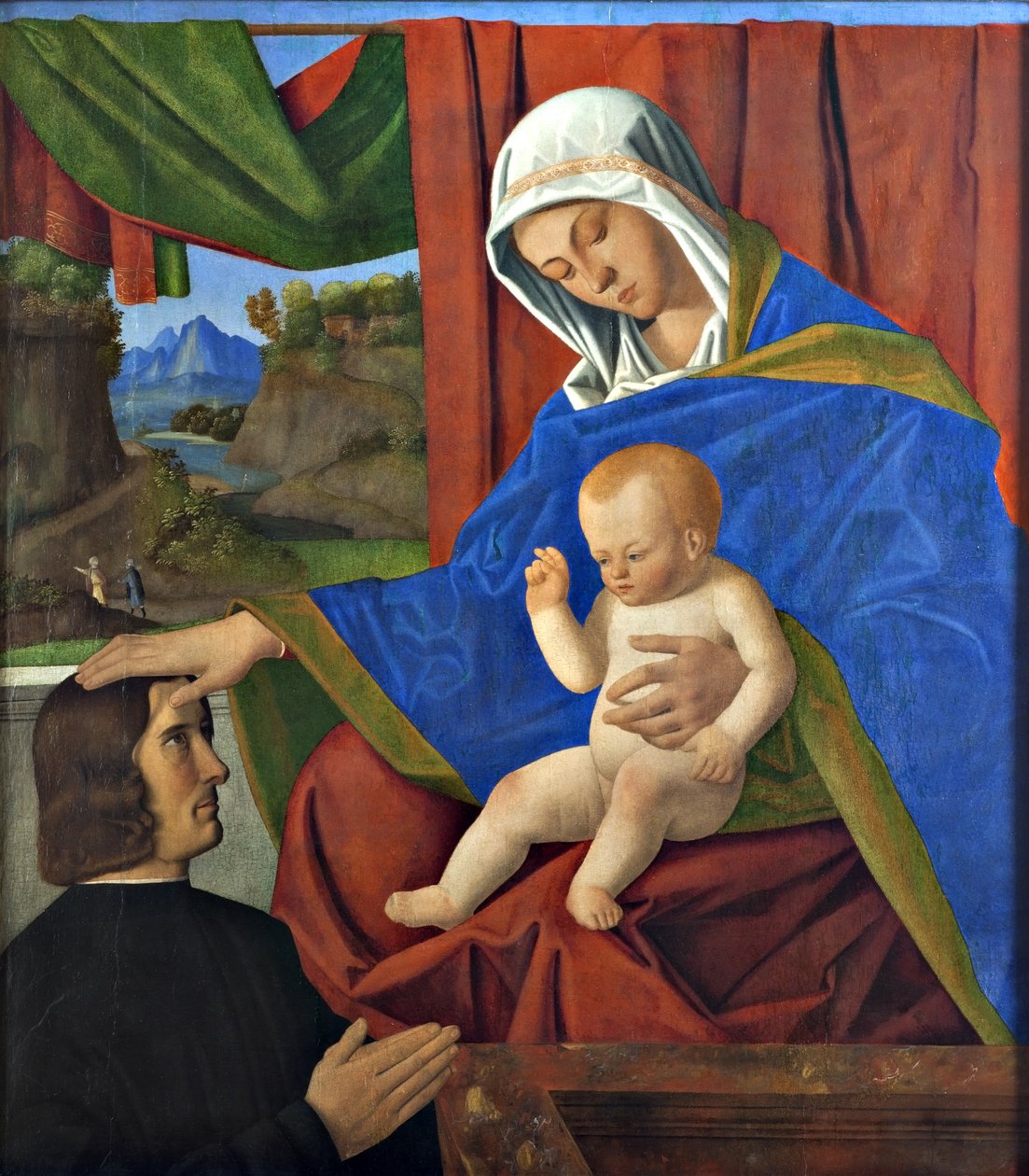 Jungfru Maria med Jesusbarnet och en givare (olja på pannå) av Francesco di Simone da Santacroce