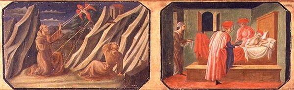 (LtoR) St. Franciskus av Assisi tar emot stigmata, SS. Cosmas och Damian botar en sjuk man; kopior av originalpaneler som utgör en del av Predella till Madonnan och barnet på tronen av Filippo Lipp av Francesco di Stefano Pesellino