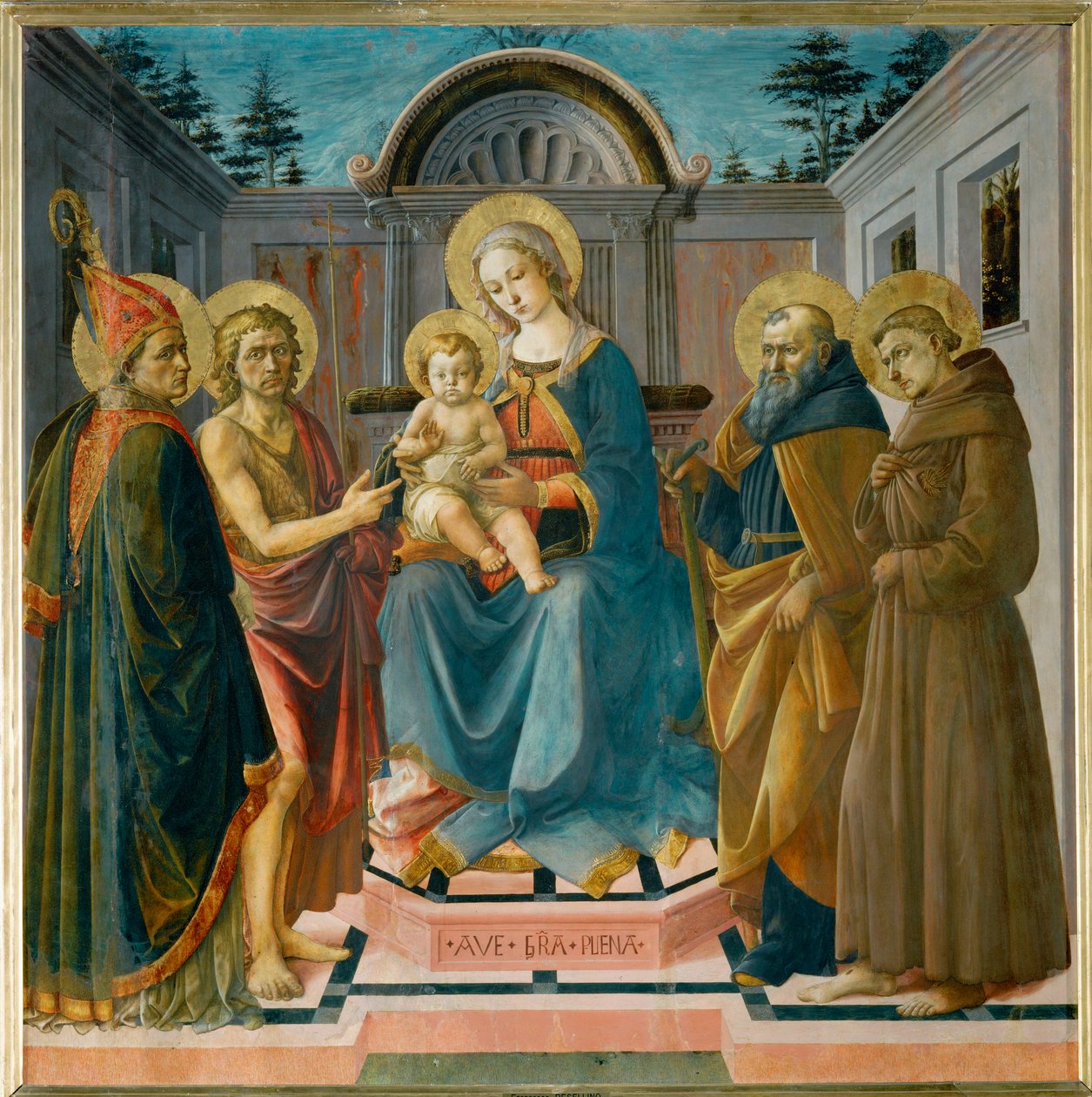 Jungfrun med barnet mellan Saint Zenobia, Saint John the Baptist, Saint Anthony Abbe och Saint Francis ... av Francesco di Stefano Pesellino