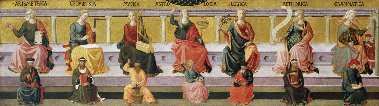 ""de sju liberala konsterna"" (Aritmetik, geometri, musik, astrologi, logik, retorik och grammatik) Målning av Francesco di Stefano Pesellino (1422-1457) cirka 1450 Birmingham Museum of Art, Birmingham, Alabama USA ©DeAgostini/Leemage av Francesco di Stefano Pesellino