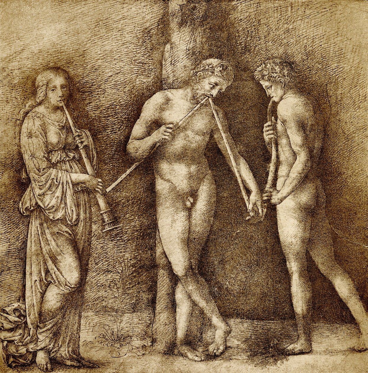 Tre musikskapande figurer av Francesco school of Francia
