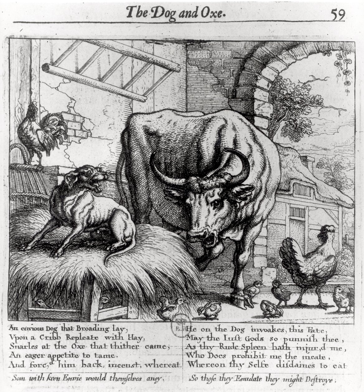 Illustration för "Hunden och Oxen", från Aesops Fables, 1666 av Francis Barlow
