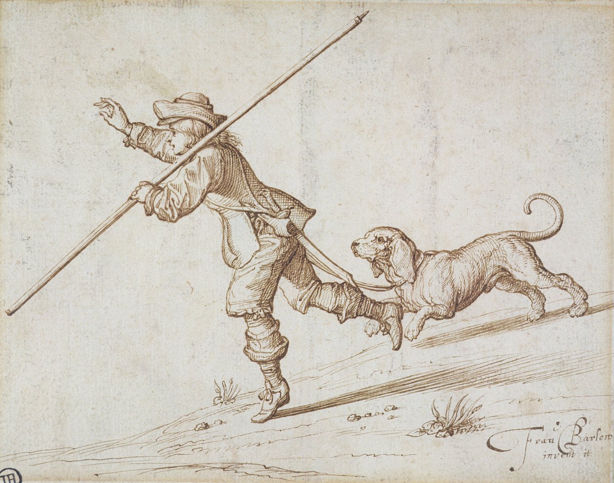 Man som jagar med en spetsig stav och en hund (penna och brunt bläck på papper) av Francis Barlow