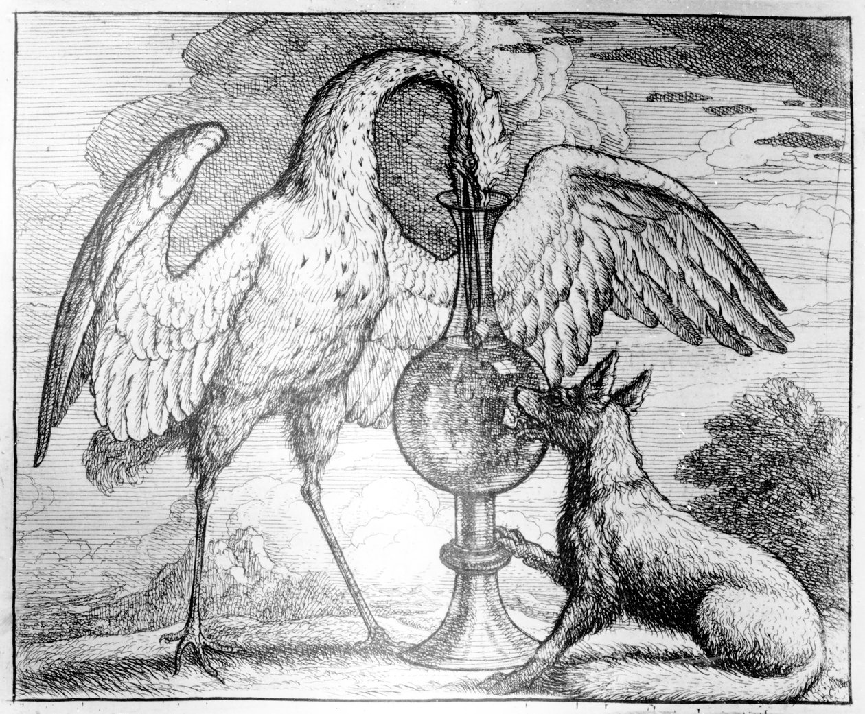 Räven och storken, illustration till "Aesops fabler", 1666 av Francis Barlow