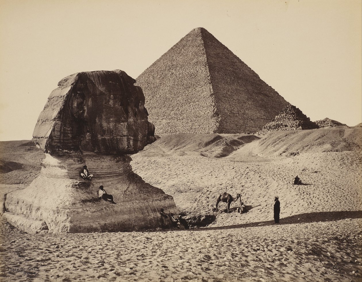 Sfinxen, den stora pyramiden och två mindre pyramider, Ghizeh, Egypten av Francis Bedford