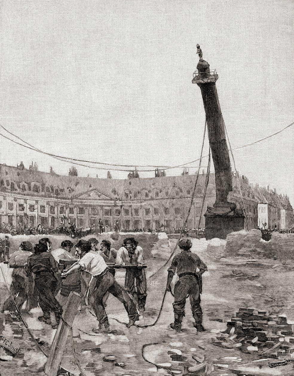 Dra ner Vendôme-kolonnen under Pariskommunen, Paris, Frankrike 1871, från The Century Illustrated Monthly Magazine, publicerad 1884 (trästick) av Francis Coates Jones