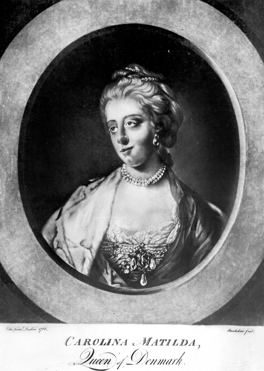 Caroline Matilda, drottning av Danmark och Norge, graverad av Brookshaw av Francis Cotes