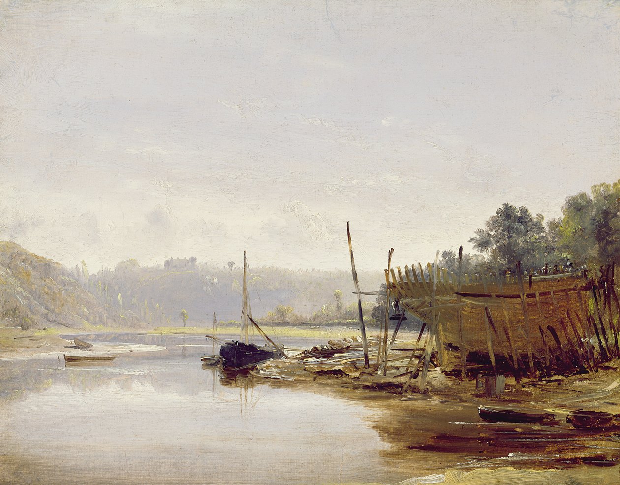 Båtbyggnad nära Dinan, Bretagne, ca 1838 (olja på papper på panel) av Francis Danby