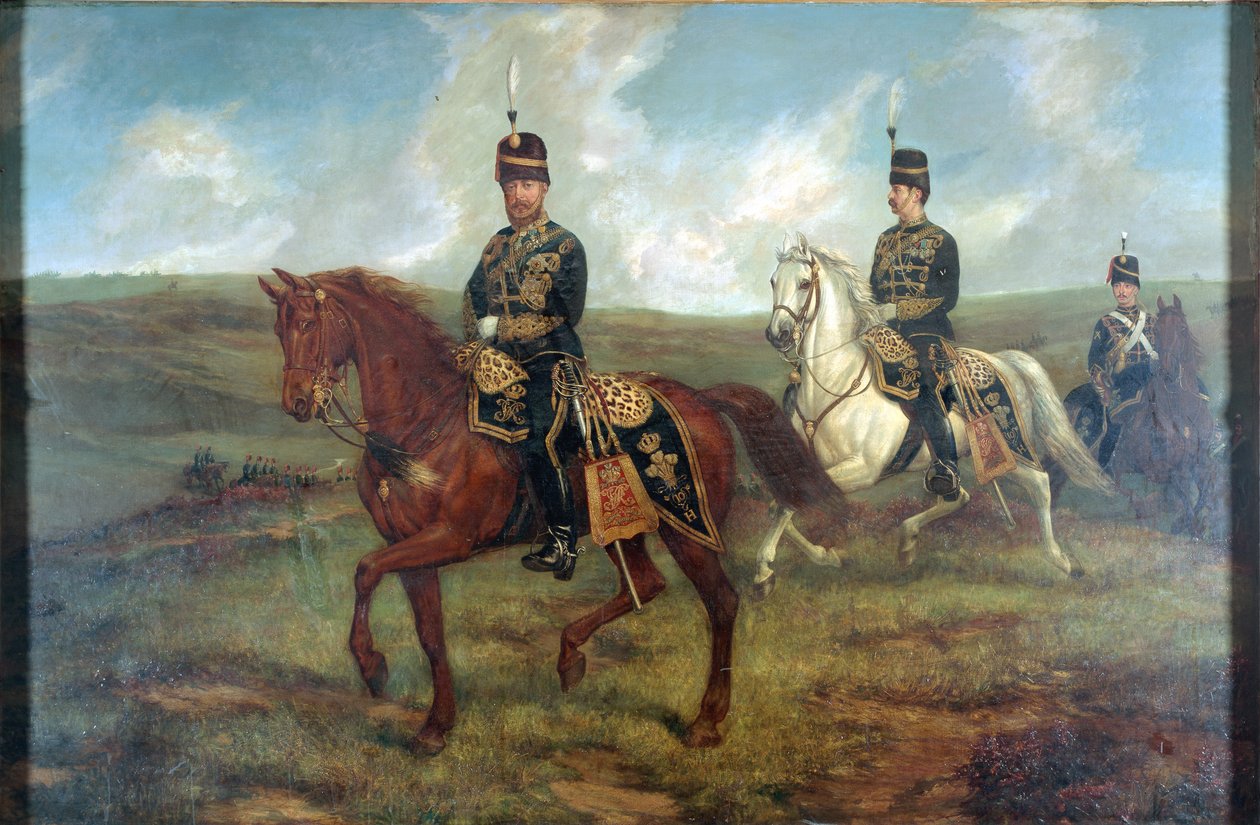 Prinsen av Wales (1841-1910) med överstelöjtnant Valentine Baker (1827-87) som granskar de 10:e husarerna, Aldershot, 8 september 1871, ca 1871 (olja på duk nedlagd ombord) av Francis Grant