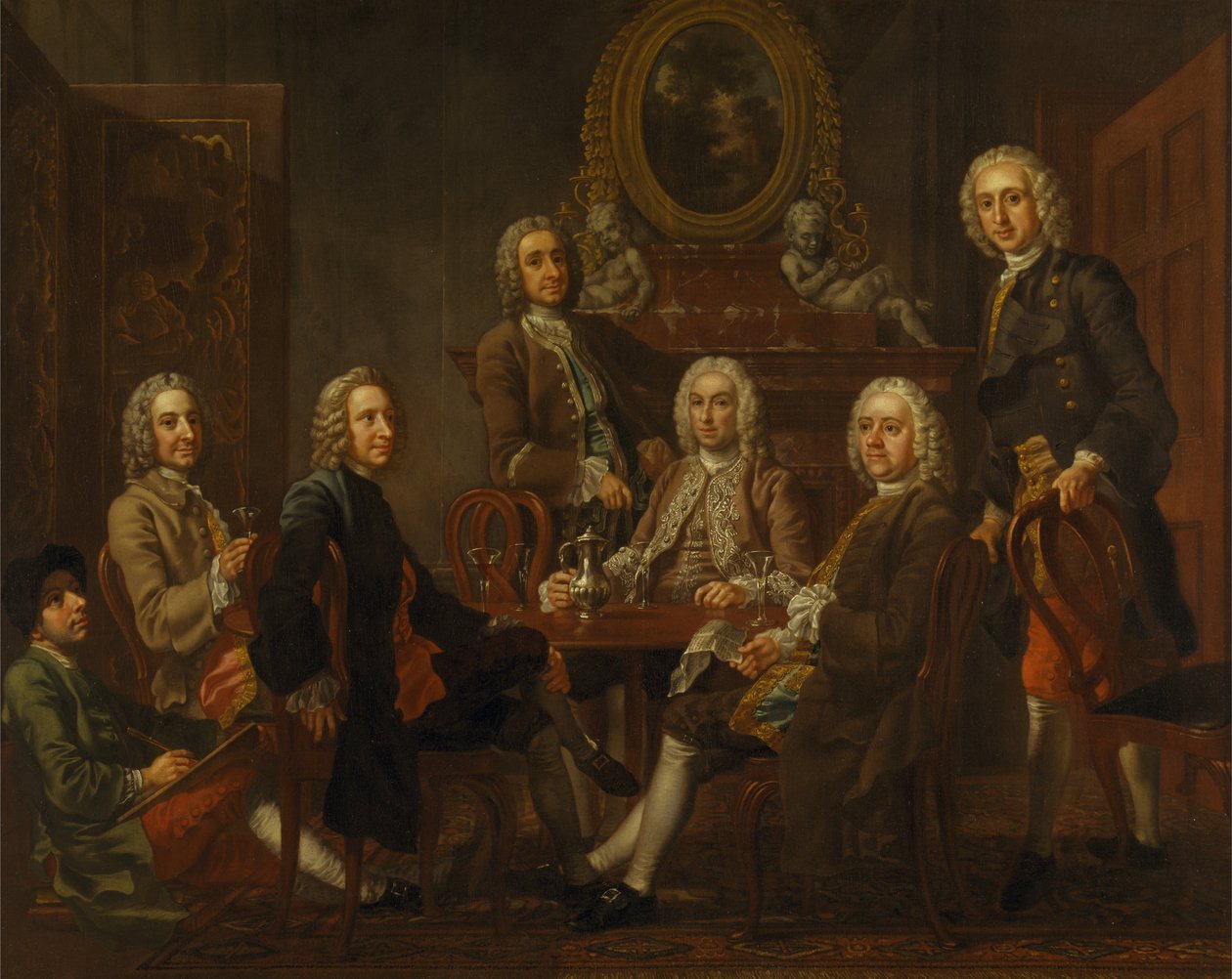 Porträtt av en grupp gentleman, med konstnären av Francis Hayman