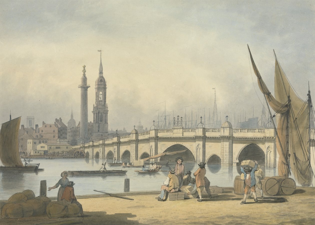 London Bridge and the Monument, ca 1795 (grafit, bläck och bläck på papper) av Francis Nicholson