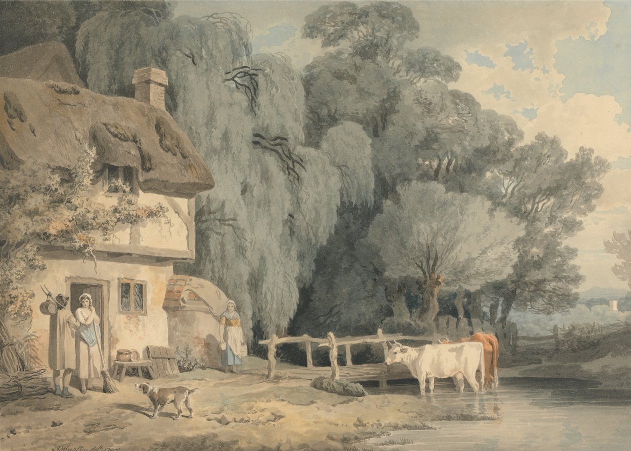Country Scene- Figurer vid en stugdörr och nötkreatur i en bäck av Francis Wheatley