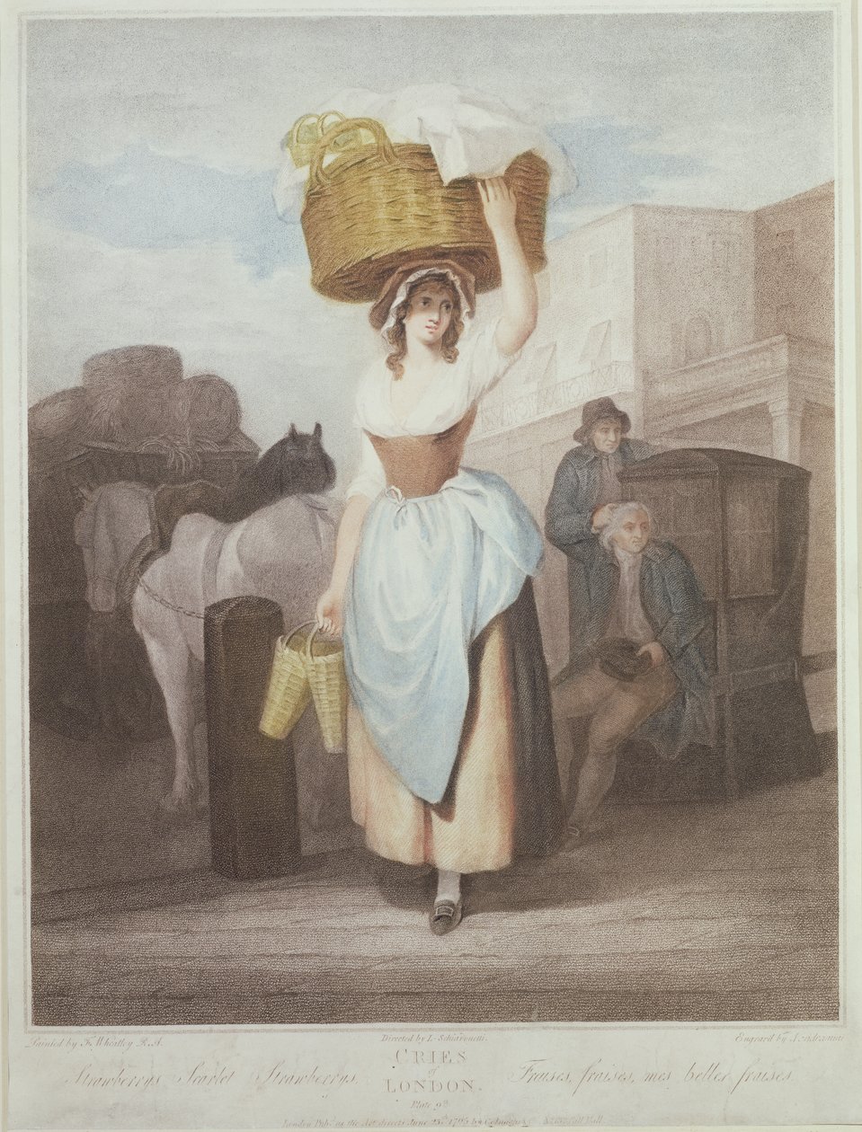 Jordgubbar, Scarlet Strawberries, tavla 9 i "The Cries of London", graverad av Giovanni Vendramini (1769-1839), utgiven av Colnaghi und Co. 1795 (stiplingsgravyr). av Francis Wheatley