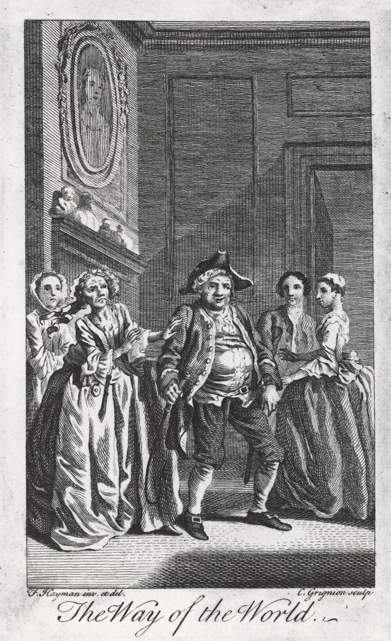 Scen från The Way of the World, av William Congreve (1670-1729), gravyr av Charles Grignon från en teckning av Francis Hayman i Lincoln