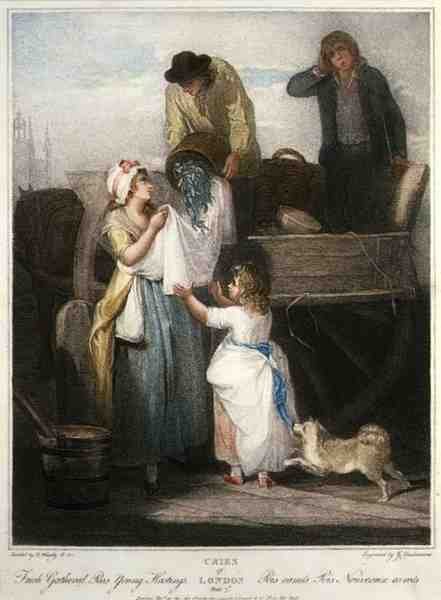 "Fresh Gathered Peas Young Hastings", skylt 7 av "The Cries of London", graverad av Giovanni Vendramini (1769-1839), pub. av Colnaghi & Co. av Francis (after) Wheatley