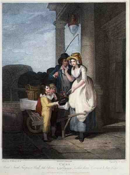 "Round and Sound, Five Pence a Pound, Duke Cherries", skylt 8 av "The Cries of London", graverad av Anthony Cardon (1772-1813), pub av Colnaghi & Co. av Francis (after) Wheatley
