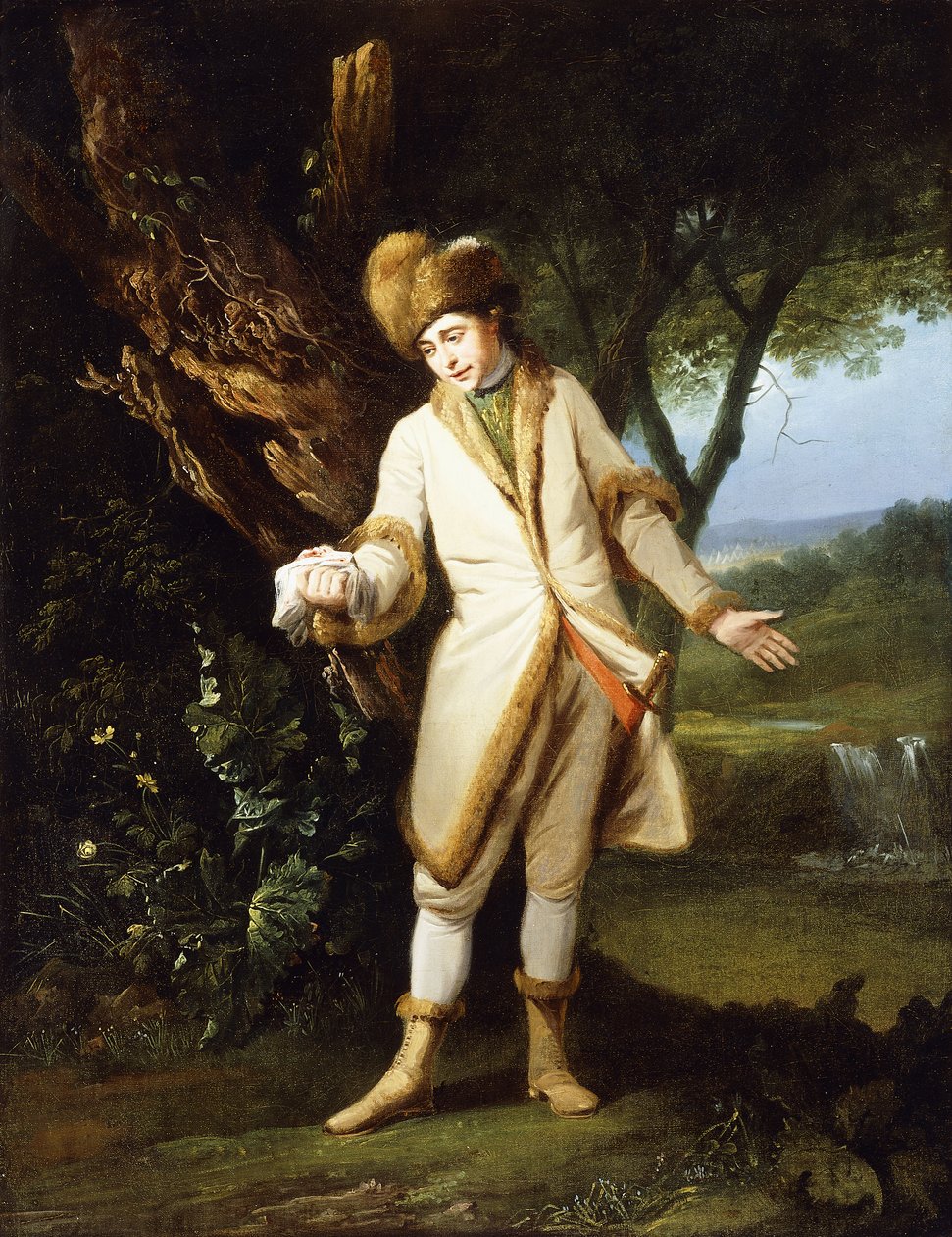 Porträtt av skådespelaren, William Powell (1735-1769), som "Postum" i Cymbeline Act V, Scene I av Francis (attr. to) Wheatley