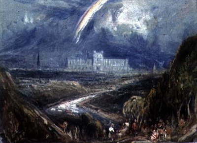 Utsikt från en sluttning av en avlägsen stad och katedral, (förmodligen Exeter), med en flod i förgrunden av Francis Abel William Taylor Armstrong