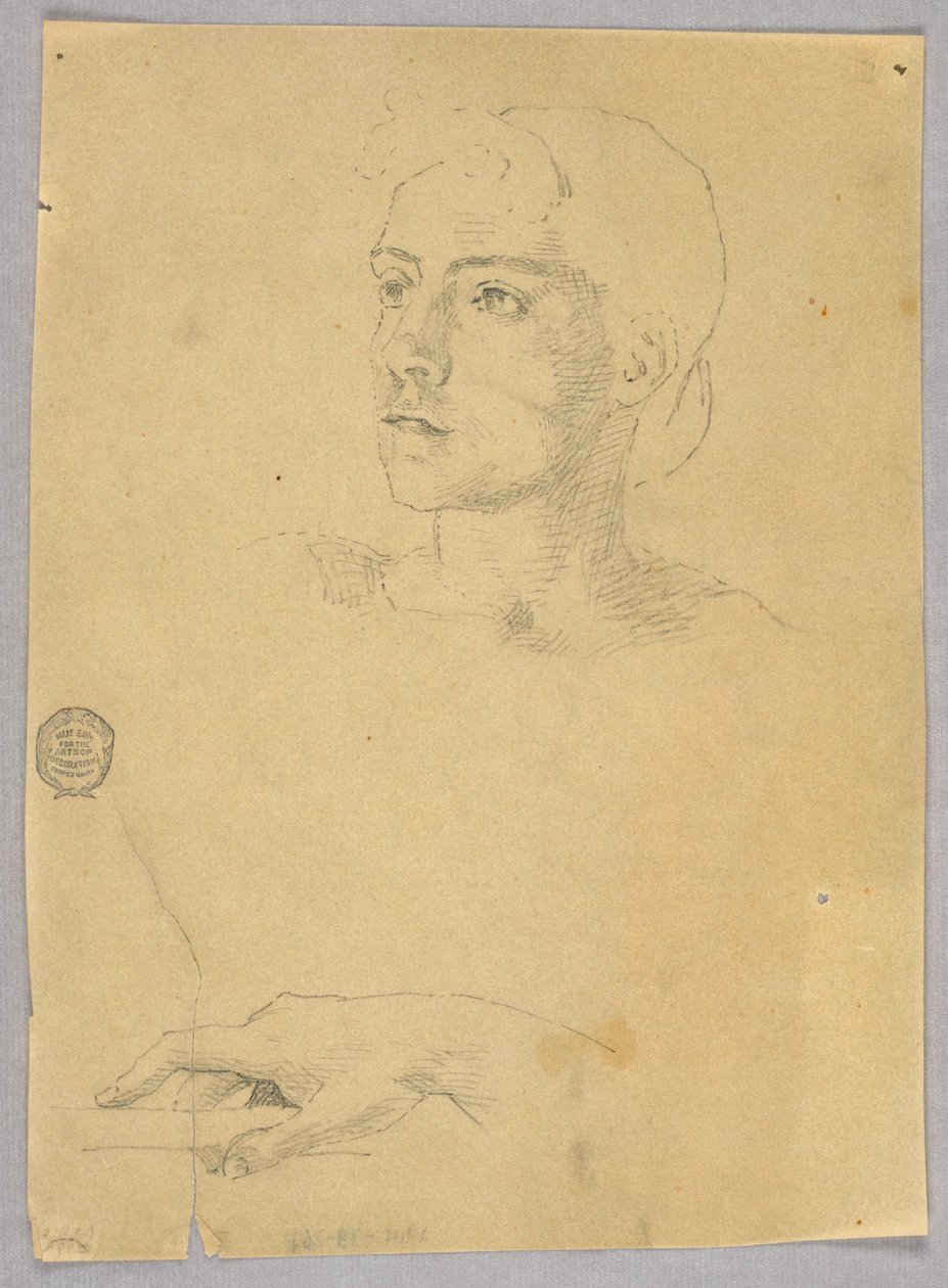 Skiss av en kvinnas huvud och hand av Francis Augustus Lathrop