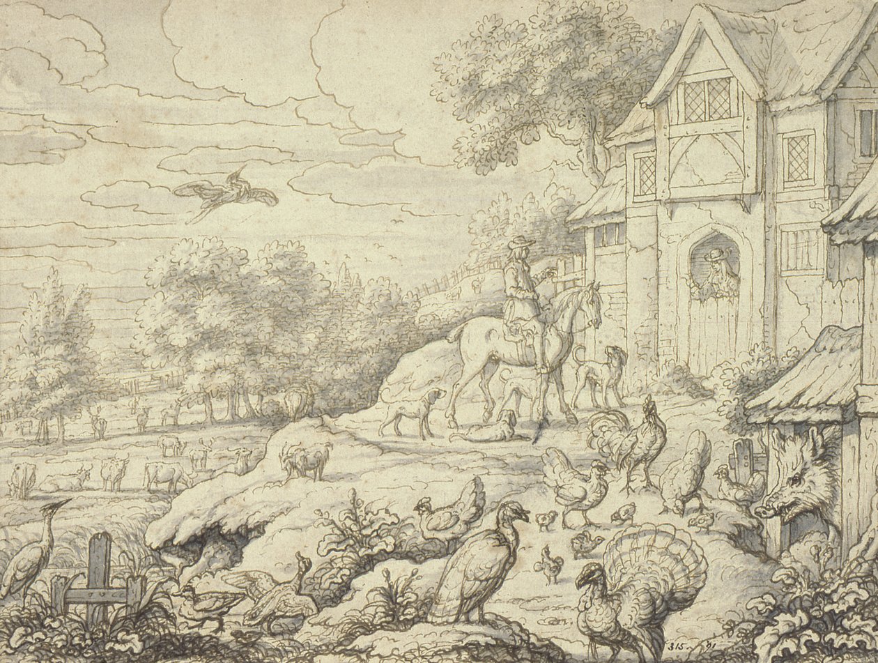 Gårdsgård, med figurer och landskapsbakgrund av Francis Barlow