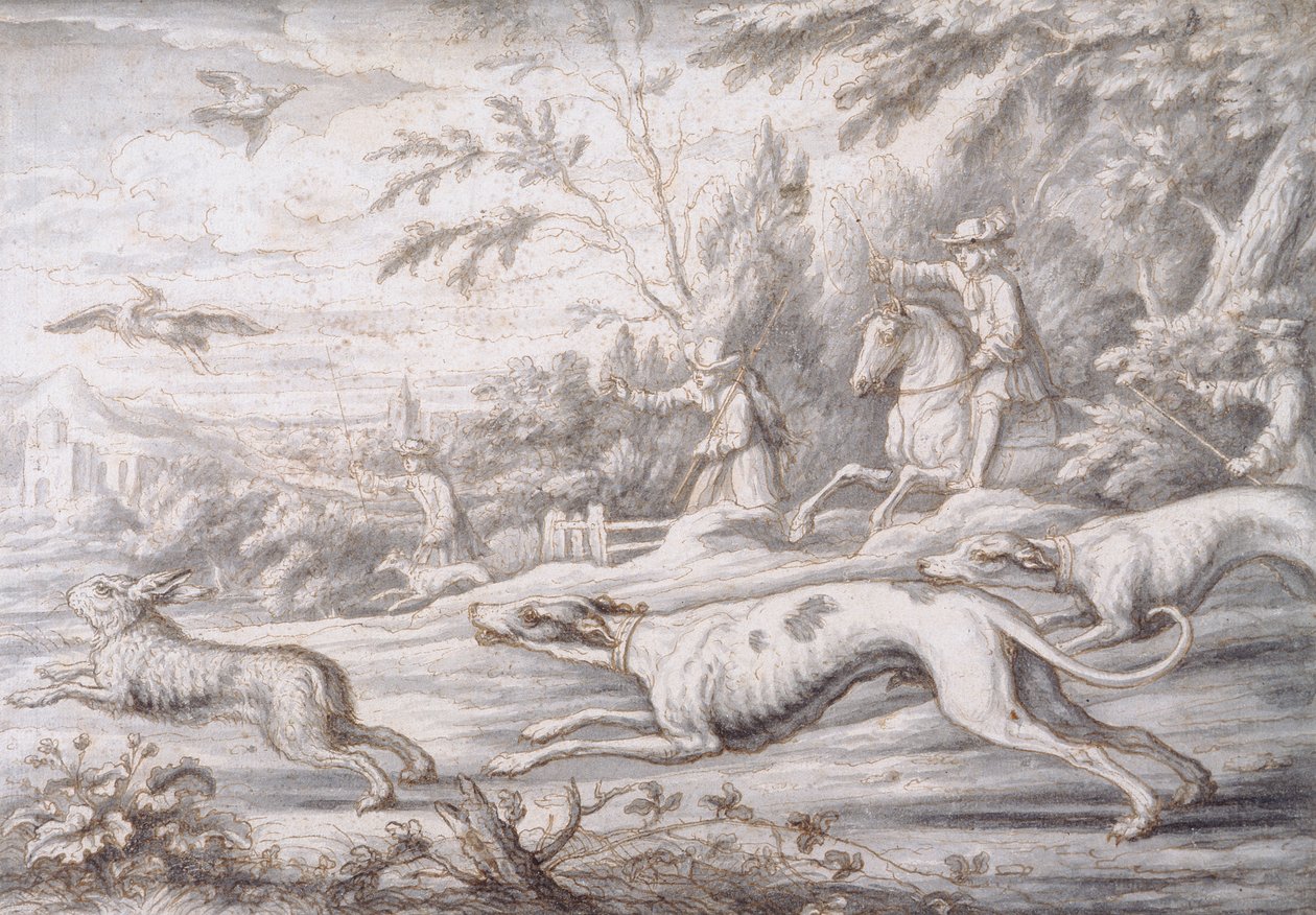 Harejakt (penna, brunt bläck och grå tvätt på papper) av Francis Barlow