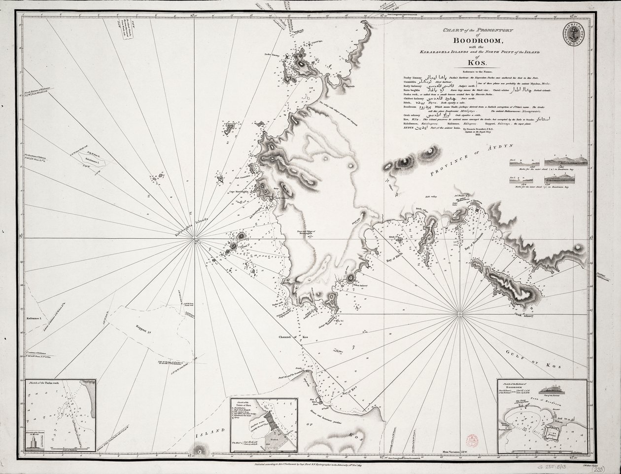 Karta över Boodrooms udde med Karabaghlaöarna och ön Kos nordspets ... av Francis Beaufort F.R.S. ... 1811 av Francis Beaufort