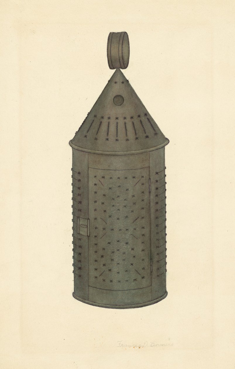 Genomborrad plåtlykta av Francis Bruner
