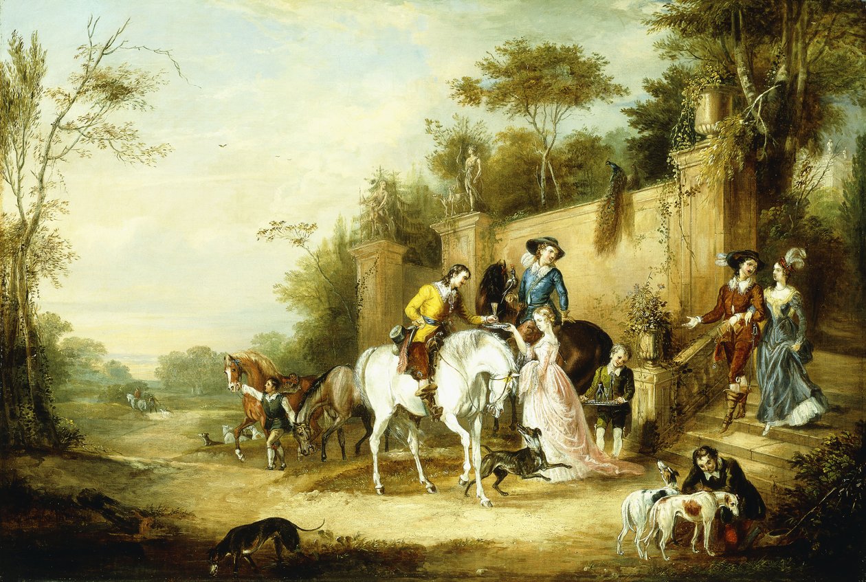 En Hawking-fest på väg från trappan till ett hus på landet, 1828 av Francis Calcraft Turner