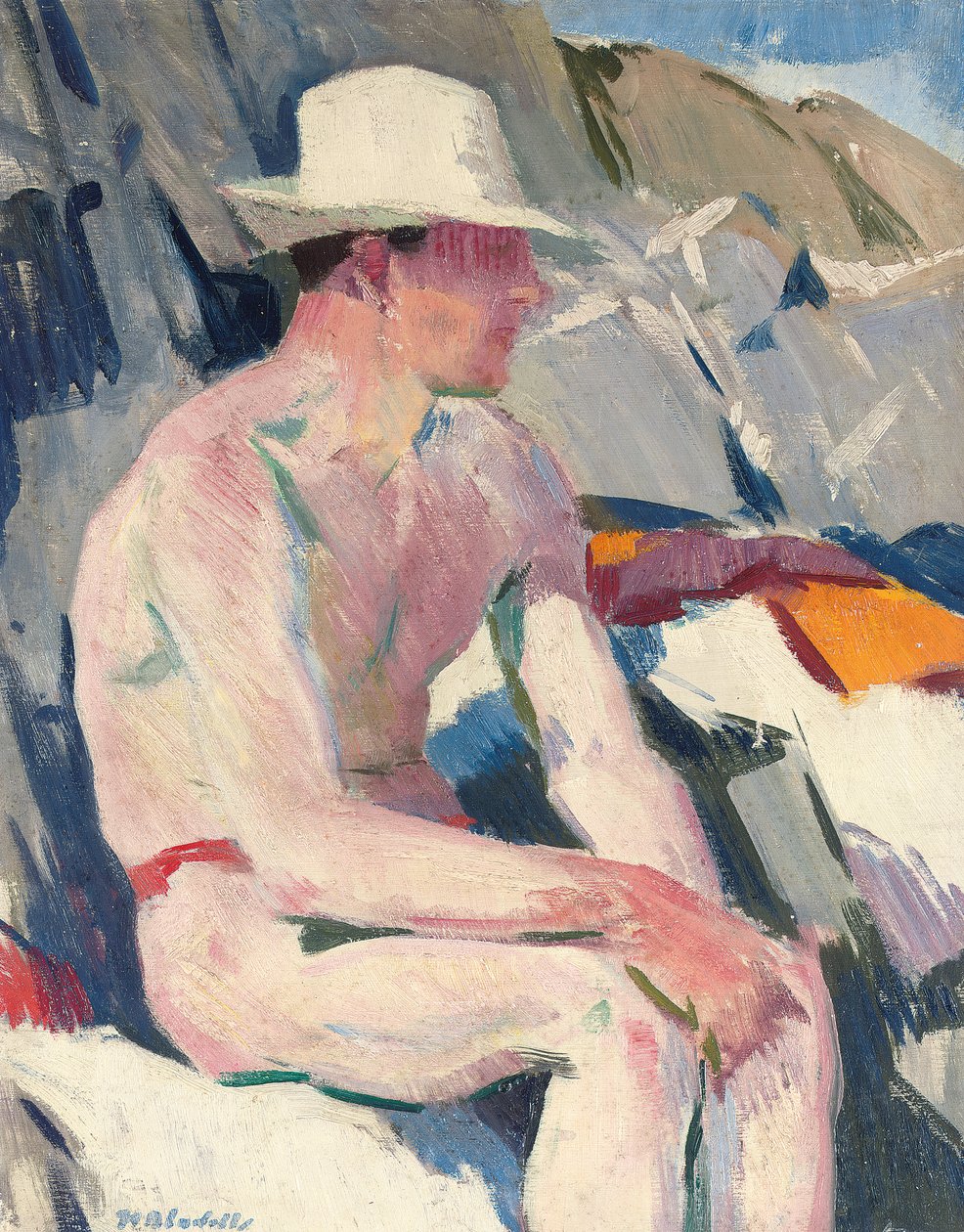 Bada i vit hatt (olja på panel) av Francis Campbell Boileau Cadell