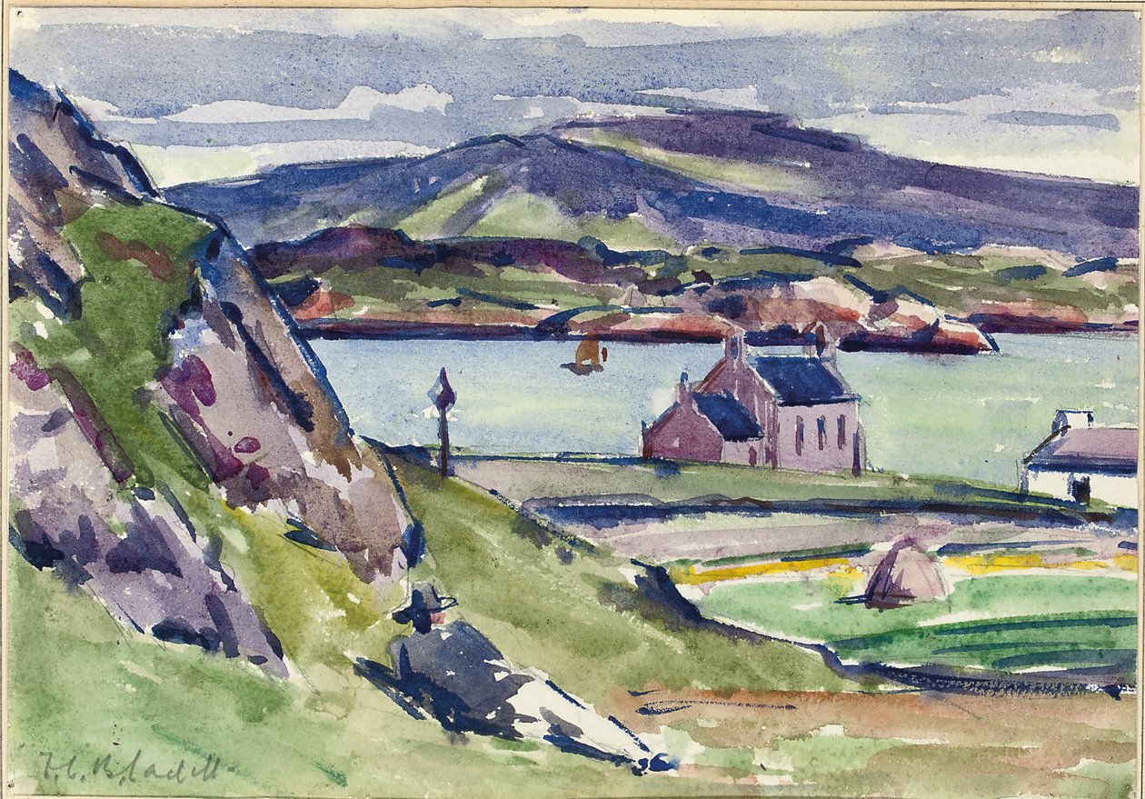 Figure och Kirk, Iona (penna & w/c på papper) av Francis Campbell Boileau Cadell