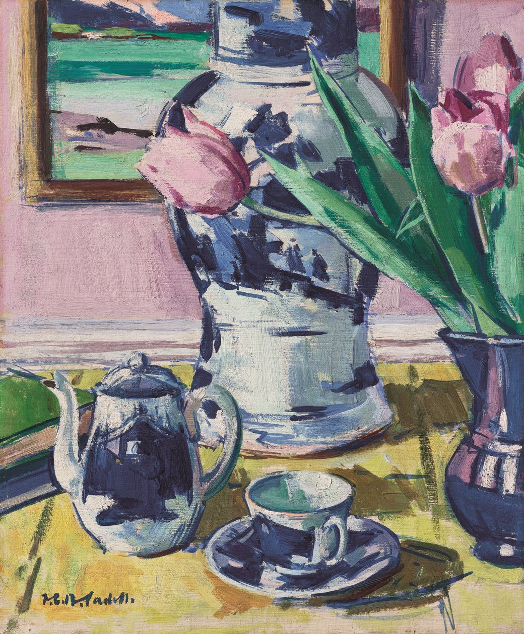 Stilleben med tulpaner och Iona av Francis Campbell Boileau Cadell