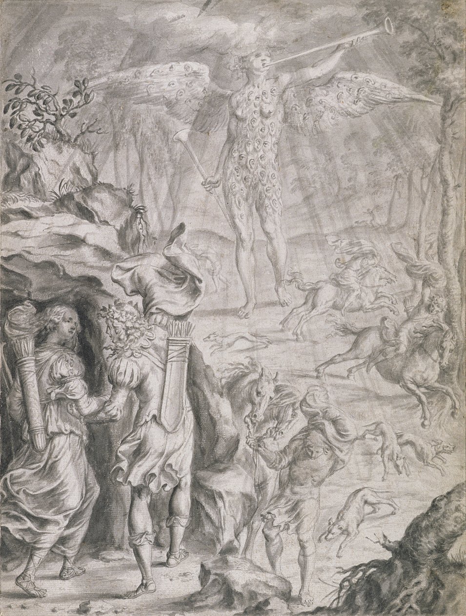 Dido och Aeneas skydd i en grotta (tvätt på papper) av Francis Cleyn