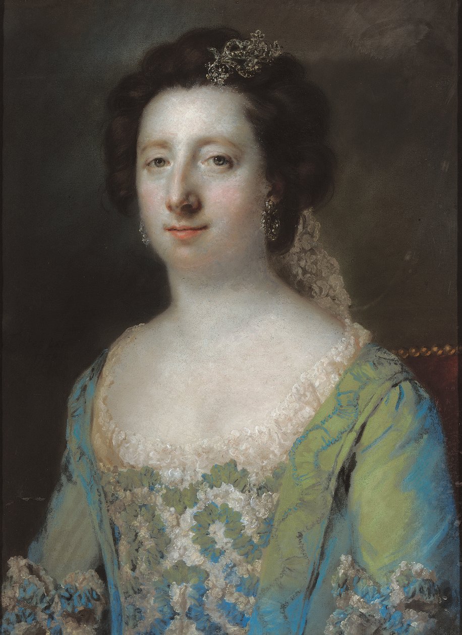 Porträtt av Hon. Fru Bridget Gunning, halvlång, i en blå volangklänning, 1758 av Francis Cotes