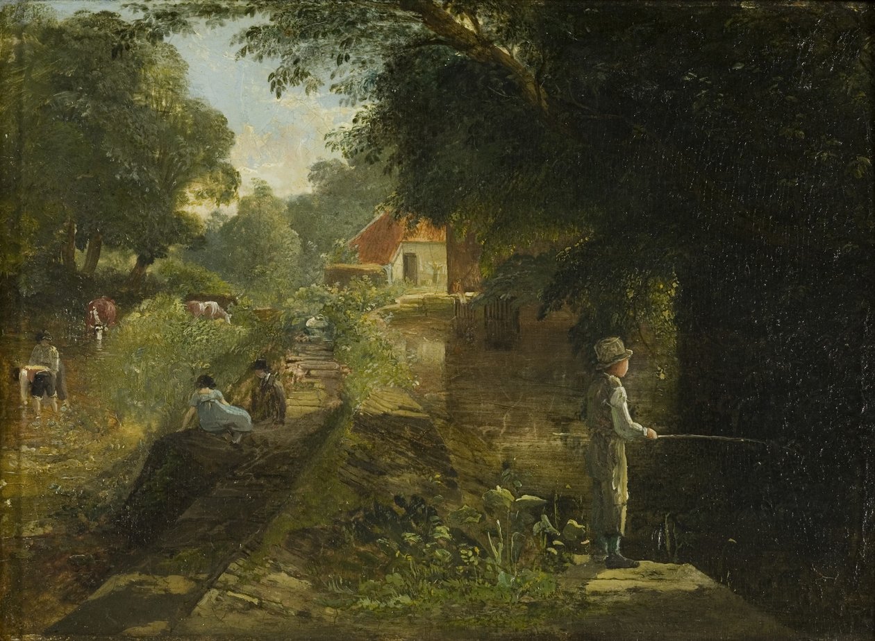 Boy Fishing, Stapleton, ca. 1822-23 (olja på kort lagt på panel) av Francis Danby