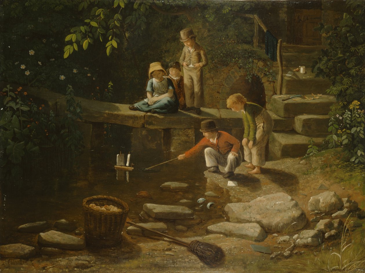 Pojke som seglar en liten båt (olja på panel) av Francis Danby
