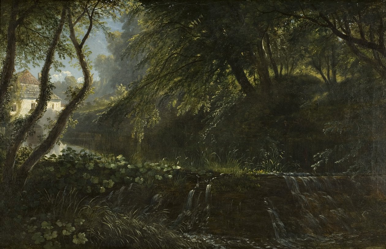 Flodscen med vattendrag och kvarn, ca 1823 av Francis Danby