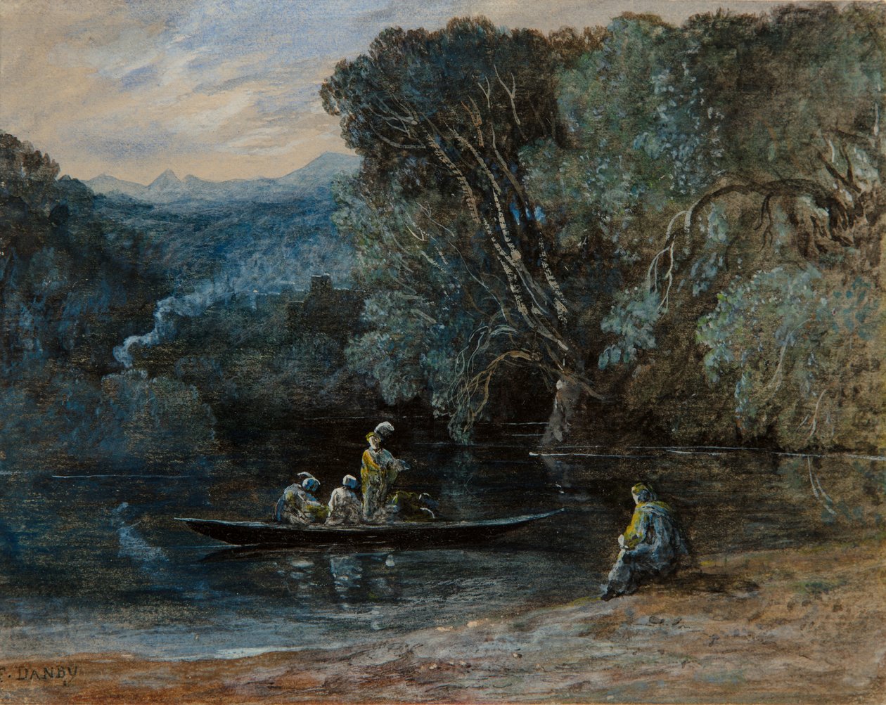 Flodscen med båt och figurer, c.1825 av Francis Danby