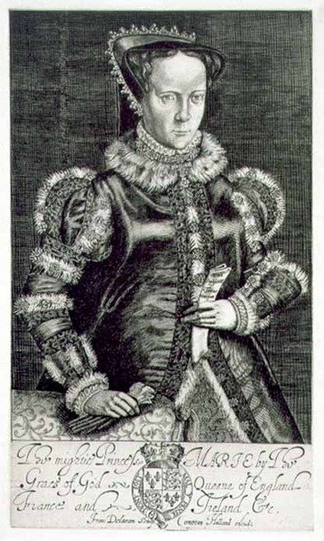 Porträtt av Mary I (1516-58) Hållande bönen av Thomas Hongar, graverad av konstnären, pub. av Compton Holland (gravyr) av Francis Delaram