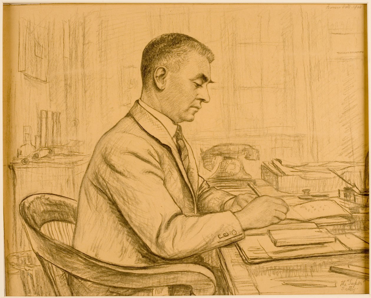 The Superintendent, Birtley (Leonard S. Flatman) (krita och penna på gulpapper) av Francis Dodd