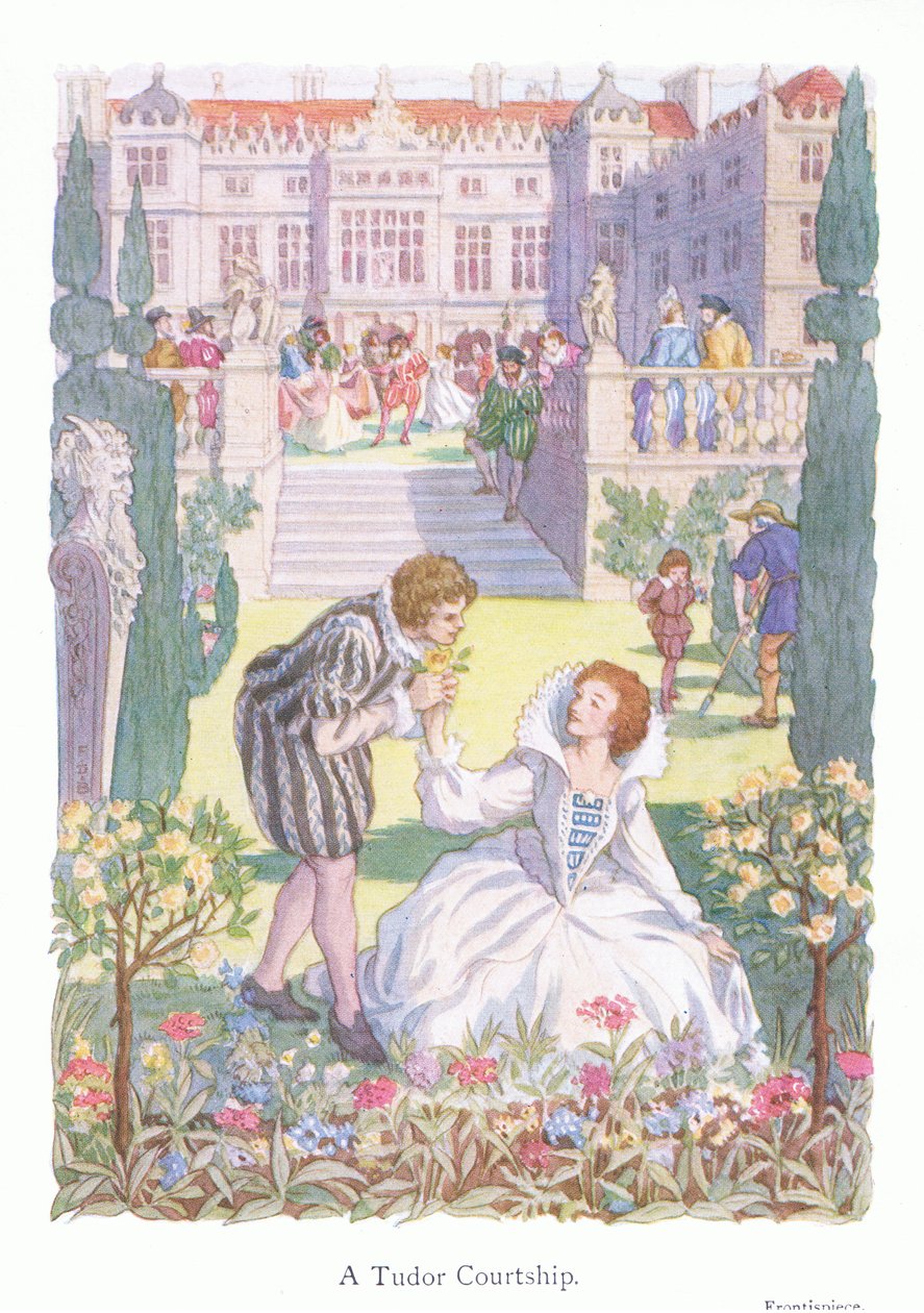 En uppvaktning under Tudortiden (färglitografi) av Francis Donkin Bedford