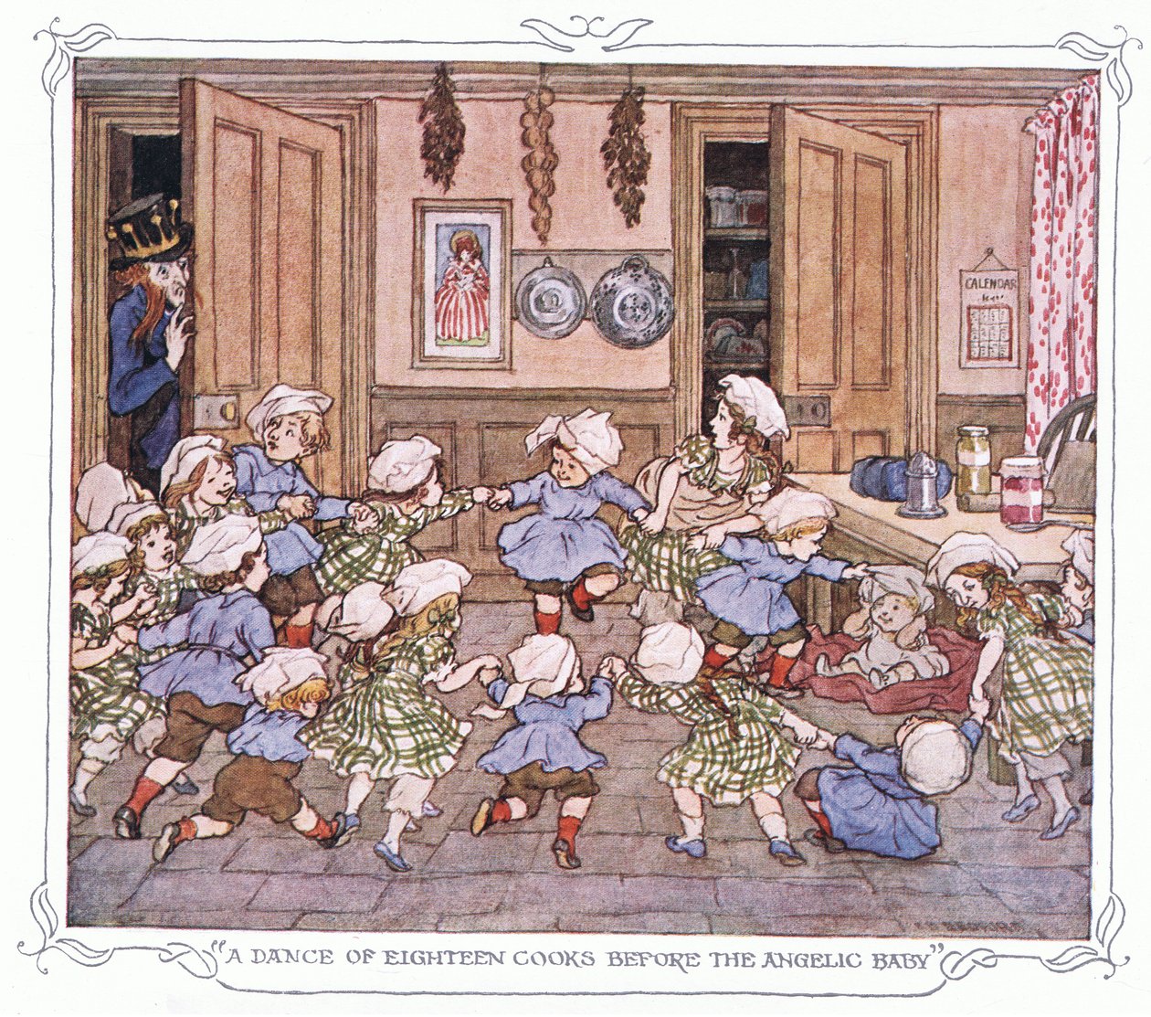 "A dance of eighteen cooks before the angelic baby", ur The Magic Fishbone pub.by Warne  Co, ca 1940 (färglitografi) av Francis Donkin Bedford