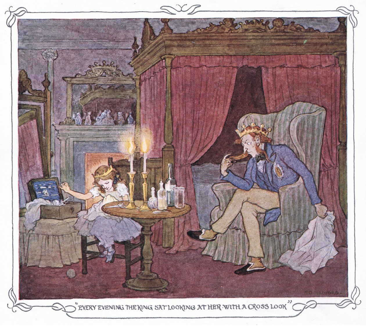 Varje kväll satt kungen och tittade snett på henne, ur The Magic Fishbone pub.by Warne  Co, ca 1940 (färglitografi) av Francis Donkin Bedford