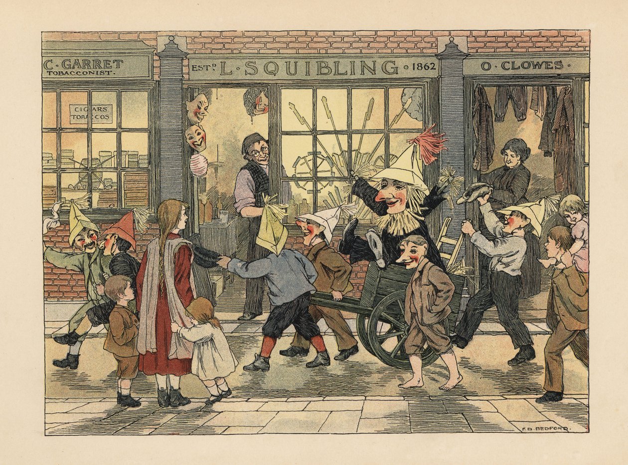 Fyrverkeributik - Viktorianska barn drar en Guy i en vagn på Guy Fawkes-natten framför L. Squiblings fyrverkeributik. Kromolitografi efter en illustration av Francis Donkin Bedford från Edward Verrall Lucas
