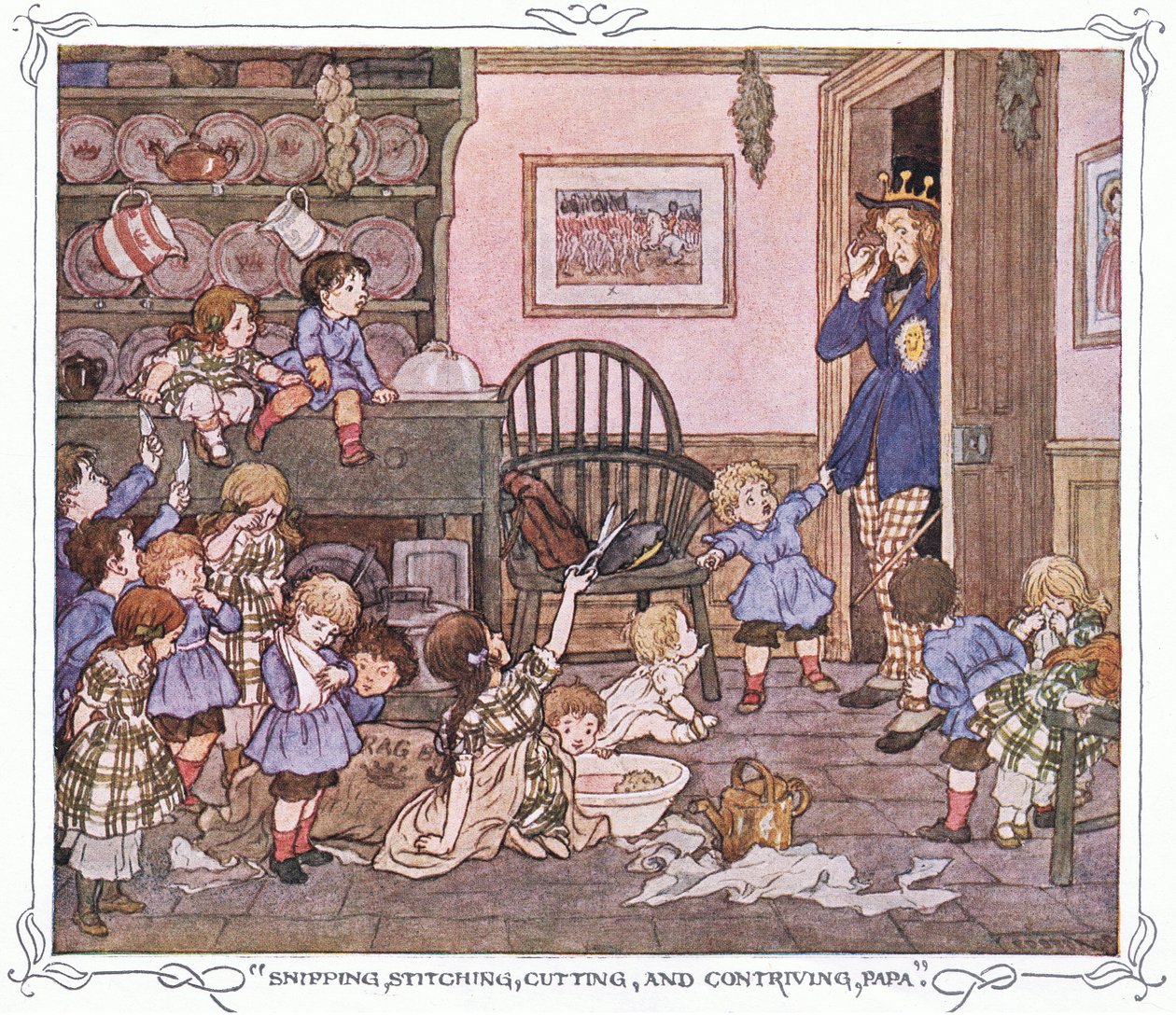 "Snipping, stitching, cutting and contriving, Papa", från The Magic Fishbone, pub. av Warne  Co, ca 1940 (färglitografi) av Francis Donkin Bedford