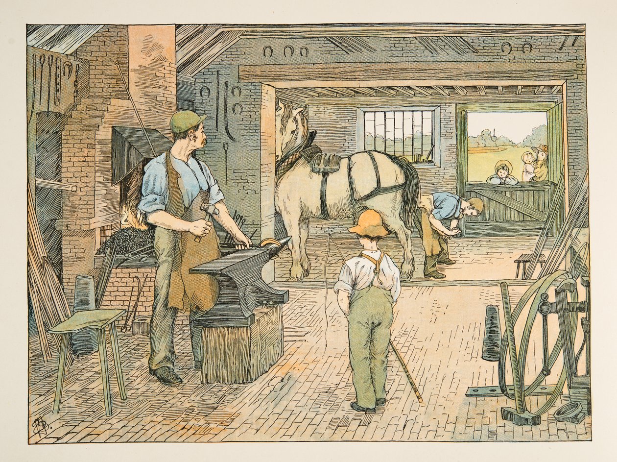 The Blacksmith, från Four and Twenty Toilers, pub. 1900 (färglitografi) av Francis Donkin Bedford