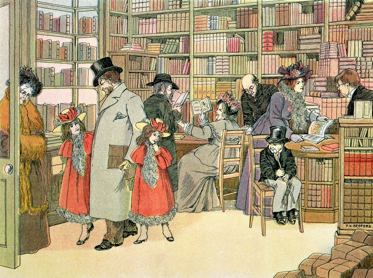 Bokhandeln, från "The Book of Shops av Francis Donkin Bedford
