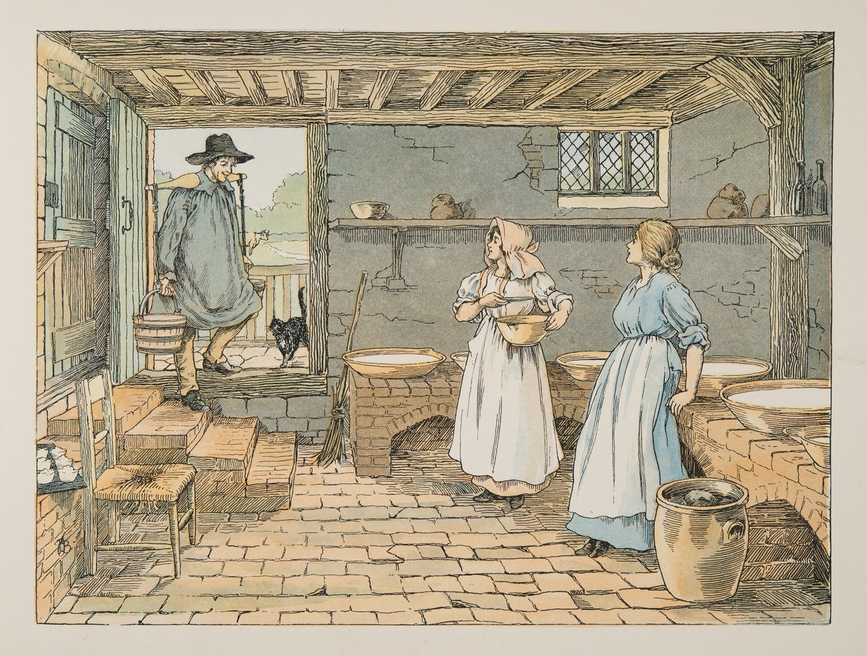 The Dairyman, från Four and Twenty Toilers, pub. 1900 (färglitografi) av Francis Donkin Bedford
